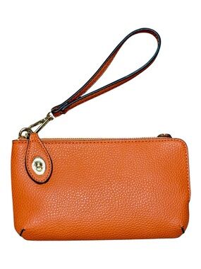Pebbled Orange Vegan Leather Wristlet Clutch with Detachable Strap